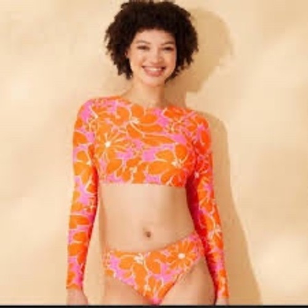 Wild Fable Girl Orange Pink Floral Rash Guard Bikini Top Long Sleeve L 12-14 NEW